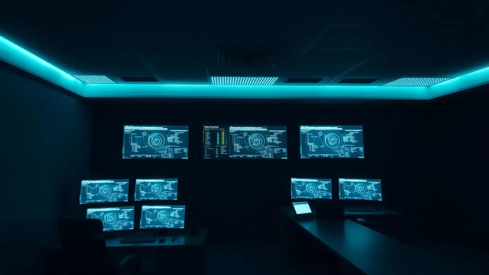 Donkere meldkamer met monitoringschermen onder een cyaan lichtstrook